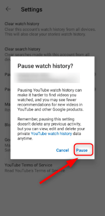 pause Youtube watch history 